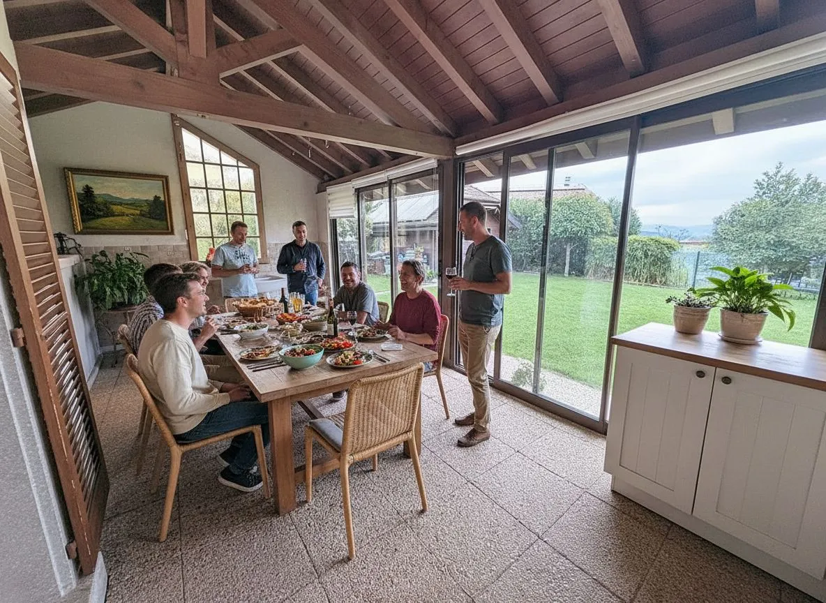 Essbereich mit großer Glasfront und Blick in den Garten
