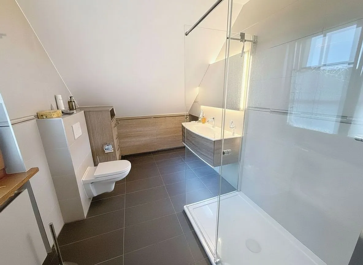 Modernes Badezimmer mit bodengleicher Dusche und Waschplatz
