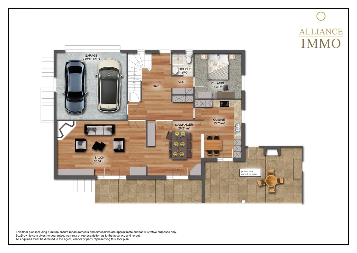 Grundriss mit Garage, Wohnbereich, Küche und Terrassen