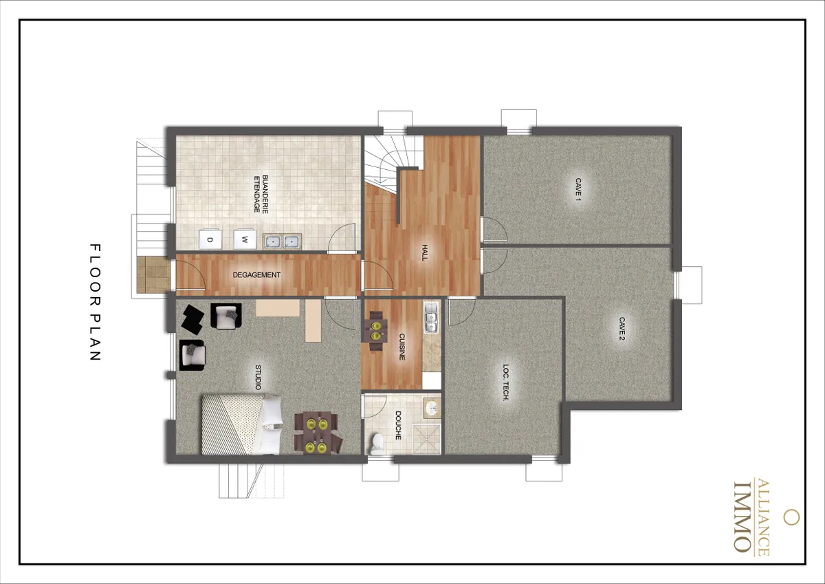 Grundriss einer Wohnung mit Studio, zwei Höhlen und Nebenräumen