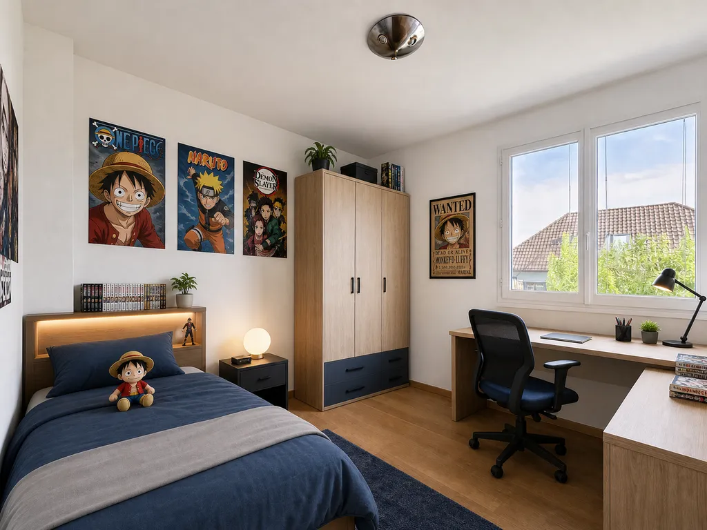 Jugendzimmer mit Anime-Dekor und Arbeitsbereich