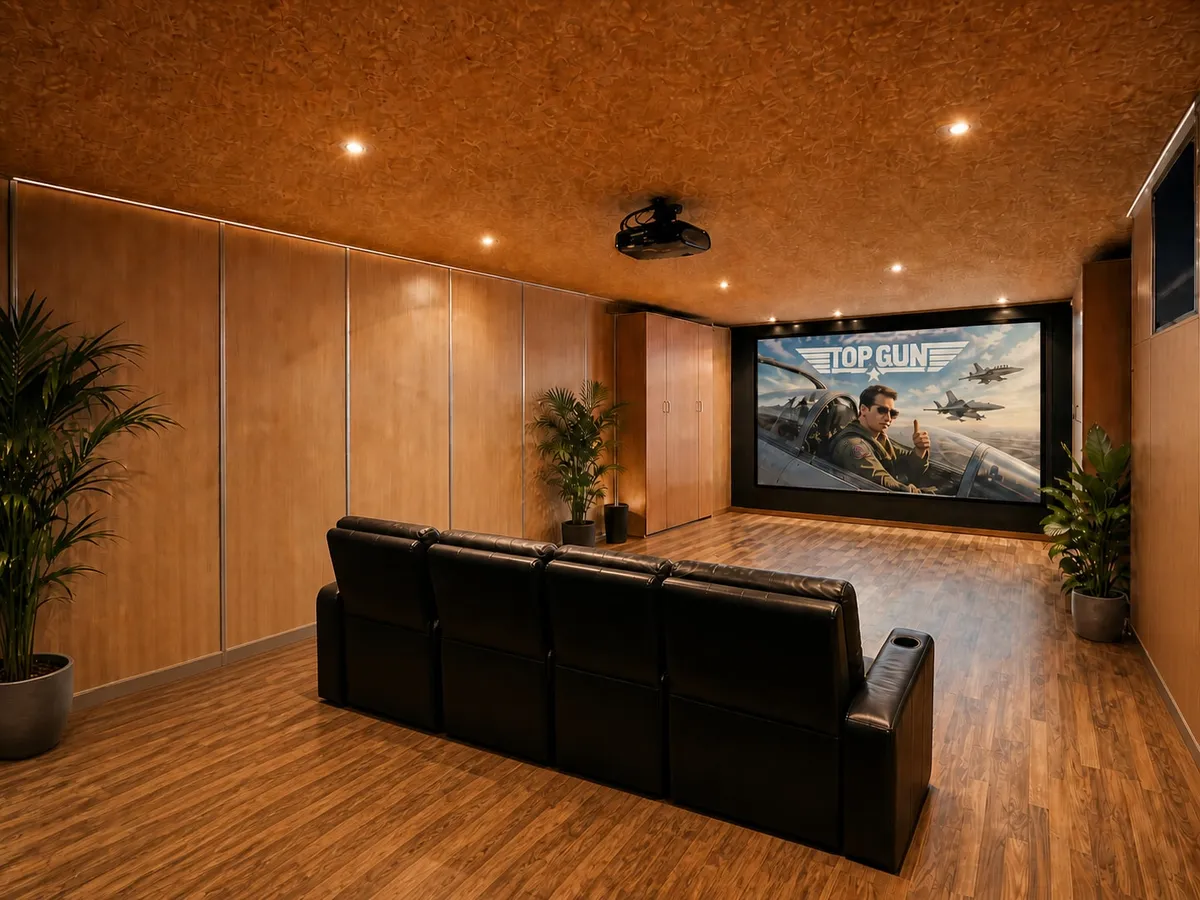 Heimkino mit Leinwand und Ledersofa