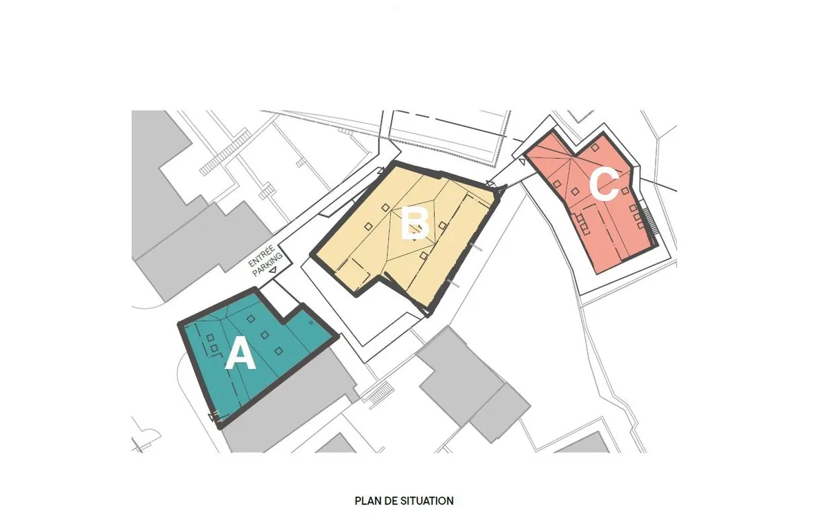 Lageplan mit markierten Gebäuden A, B und C