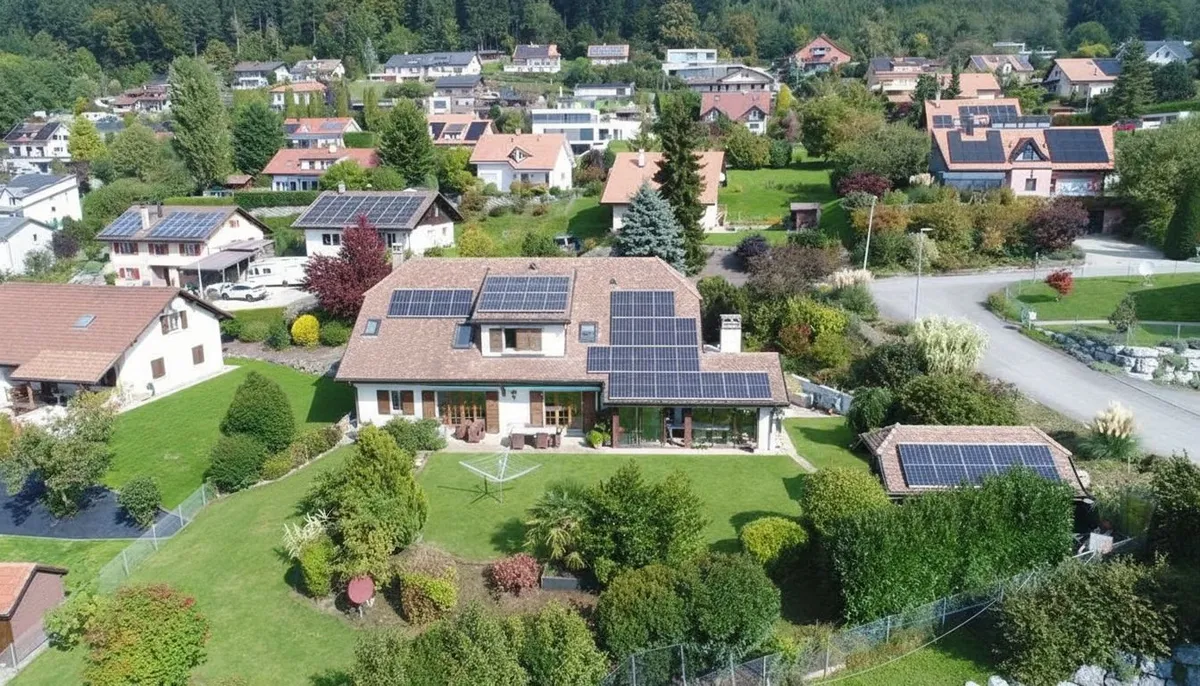 Luftaufnahme eines Wohnhauses mit PV-Anlage