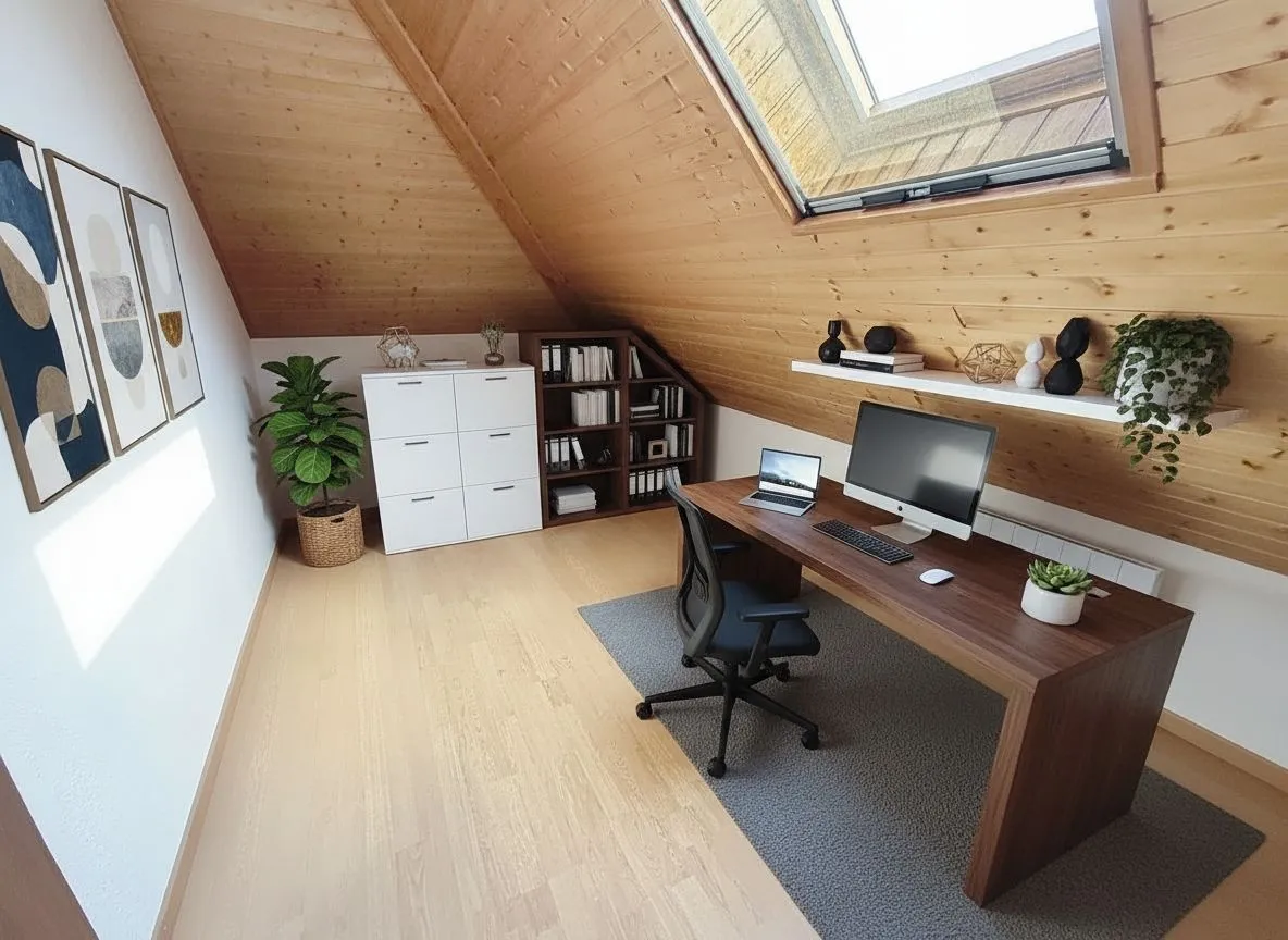 Dachgeschoss-Arbeitszimmer mit Holzverkleidung