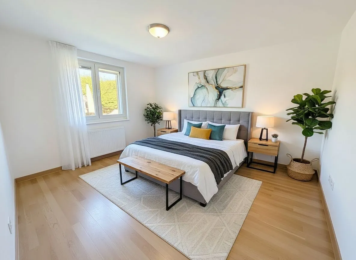 Helles, modern eingerichtetes Schlafzimmer