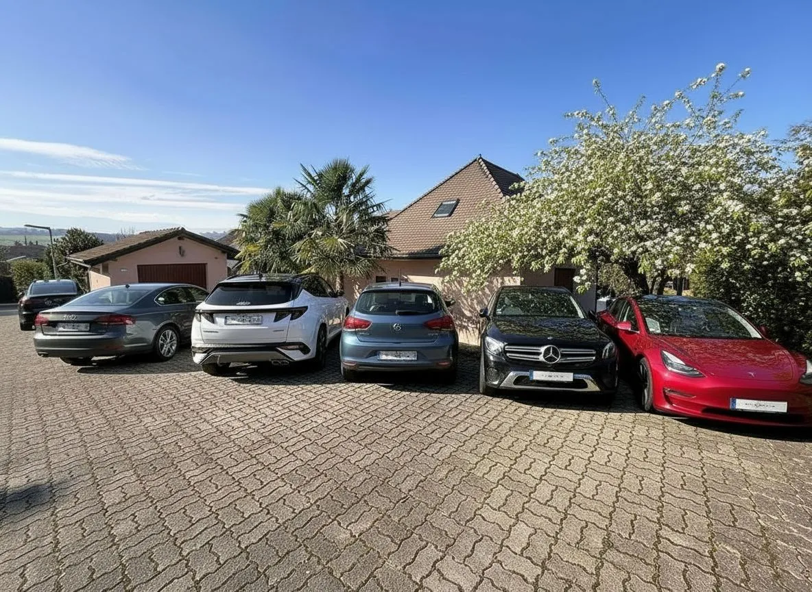 Große gepflasterte Einfahrt mit mehreren geparkten Autos vor einem Einfamilienhaus