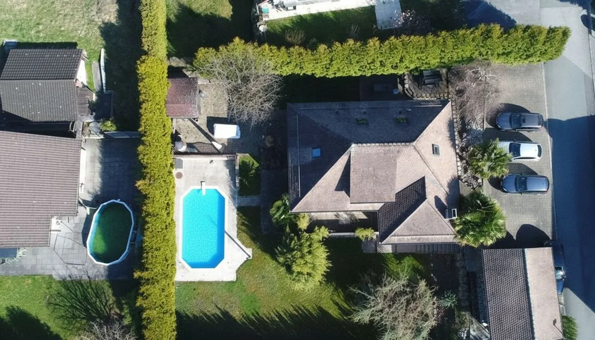 Luftaufnahme eines Wohnhauses mit Pool