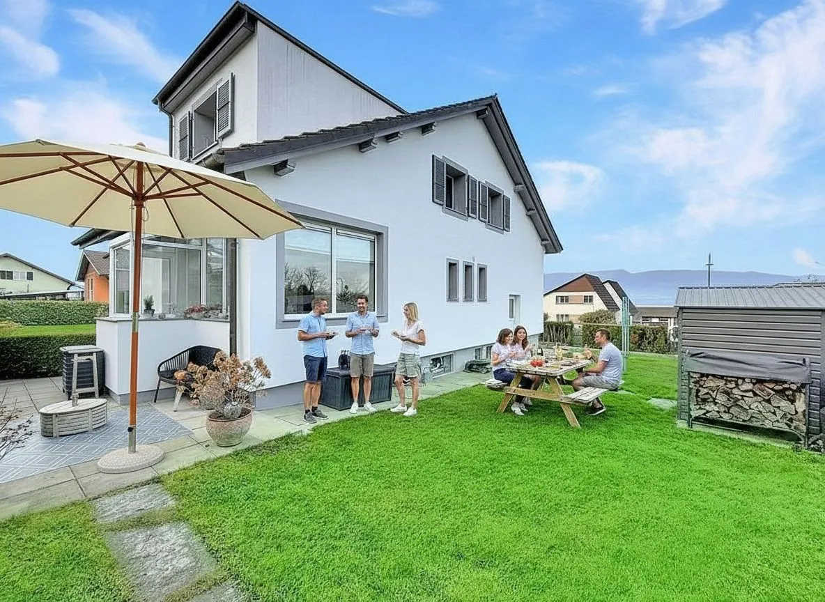 Gartenansicht eines Einfamilienhauses mit Terrasse