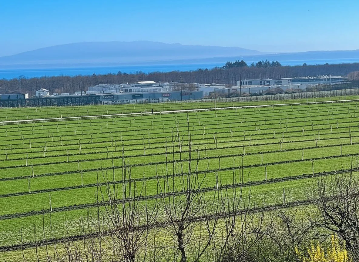 Landschaft mit Feldern und Gewässerblick