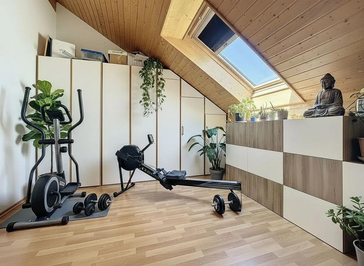 Dachgeschoss-Fitnessraum mit Stauraum