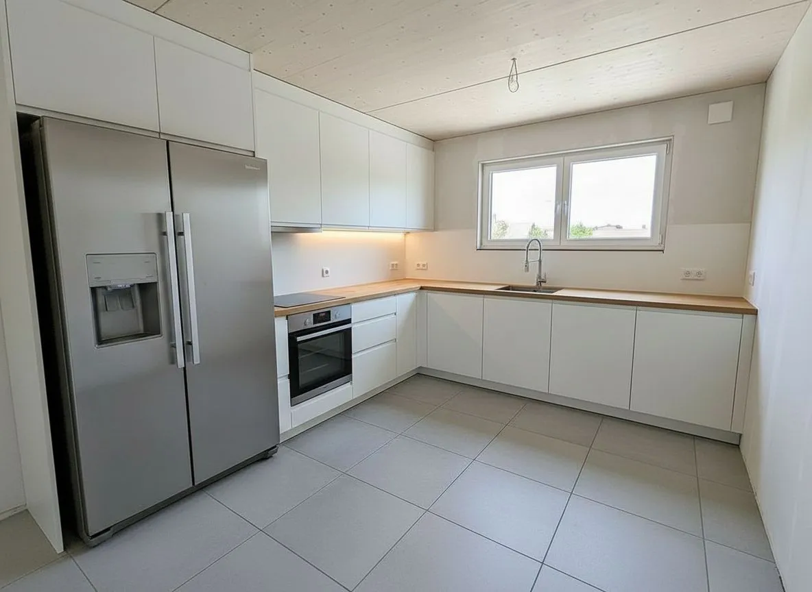 Moderne Einbauküche mit Edelstahlkühlschrank