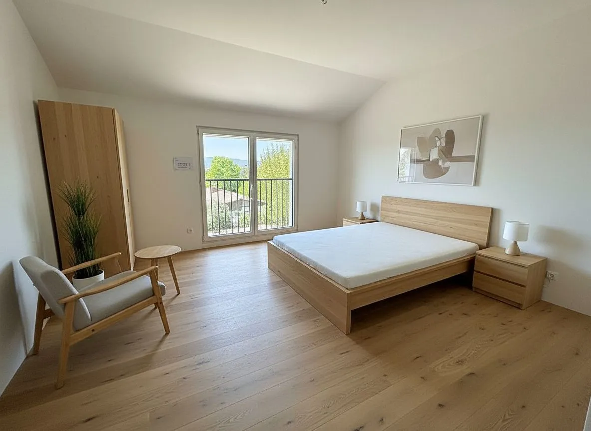 Helles Schlafzimmer mit Balkonblick