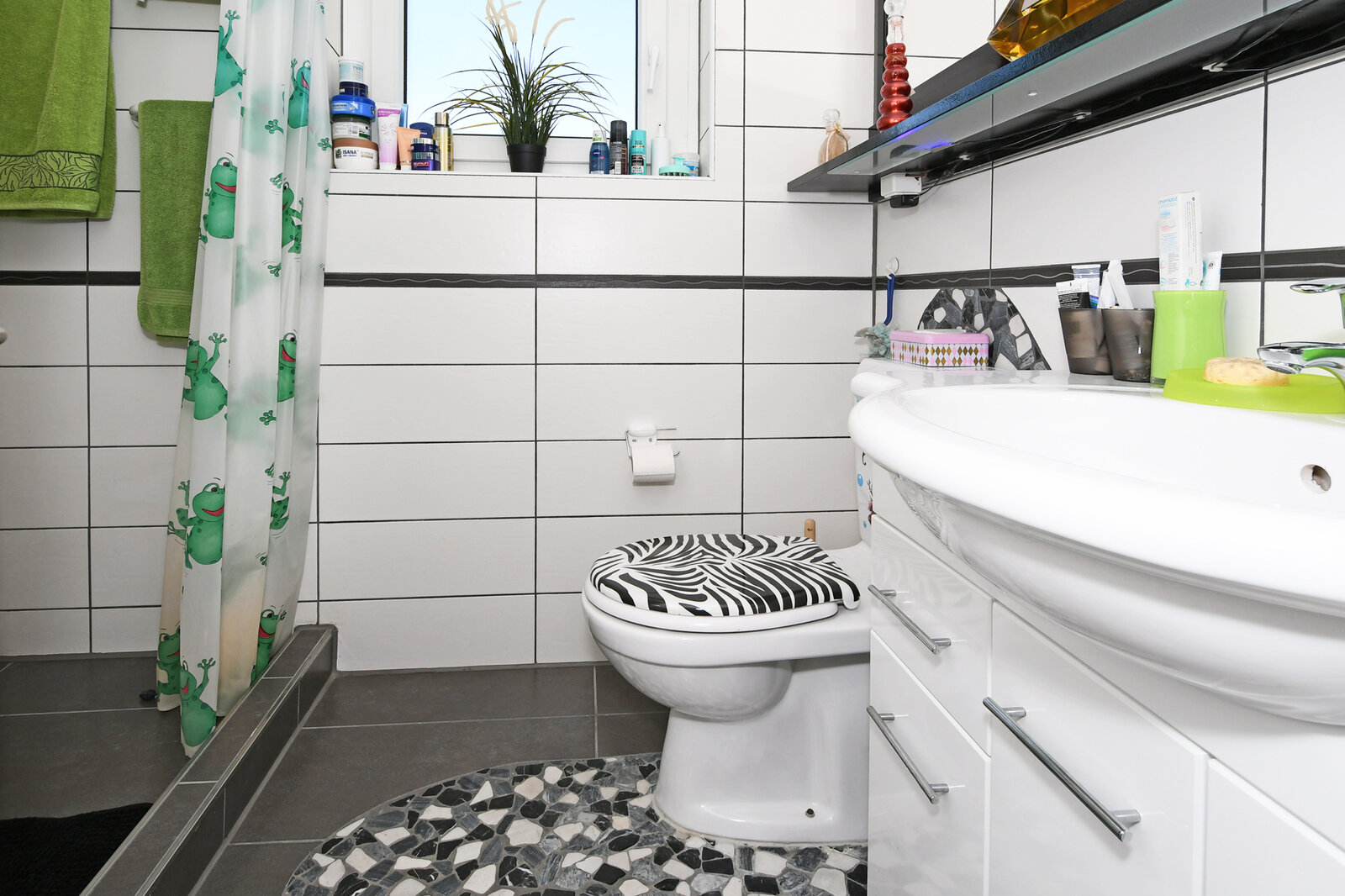 Badezimmer mit Dusche, WC und Waschtisch