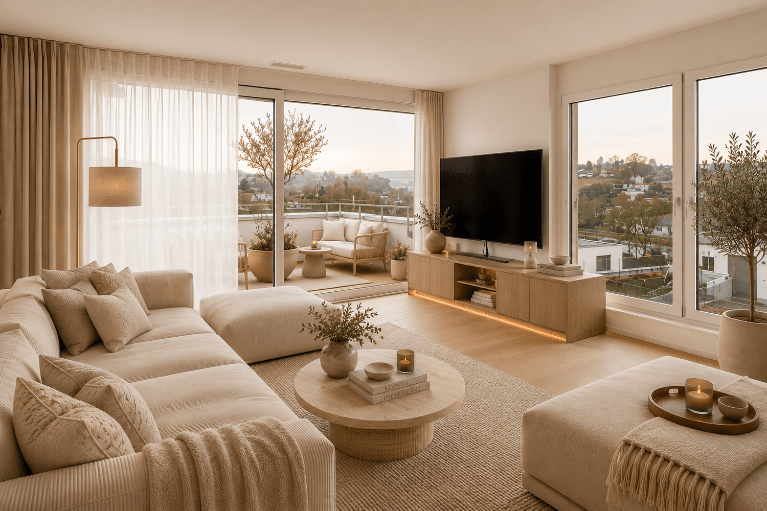 Helles, neutral gestaltetes Wohnzimmer mit Balkonblick