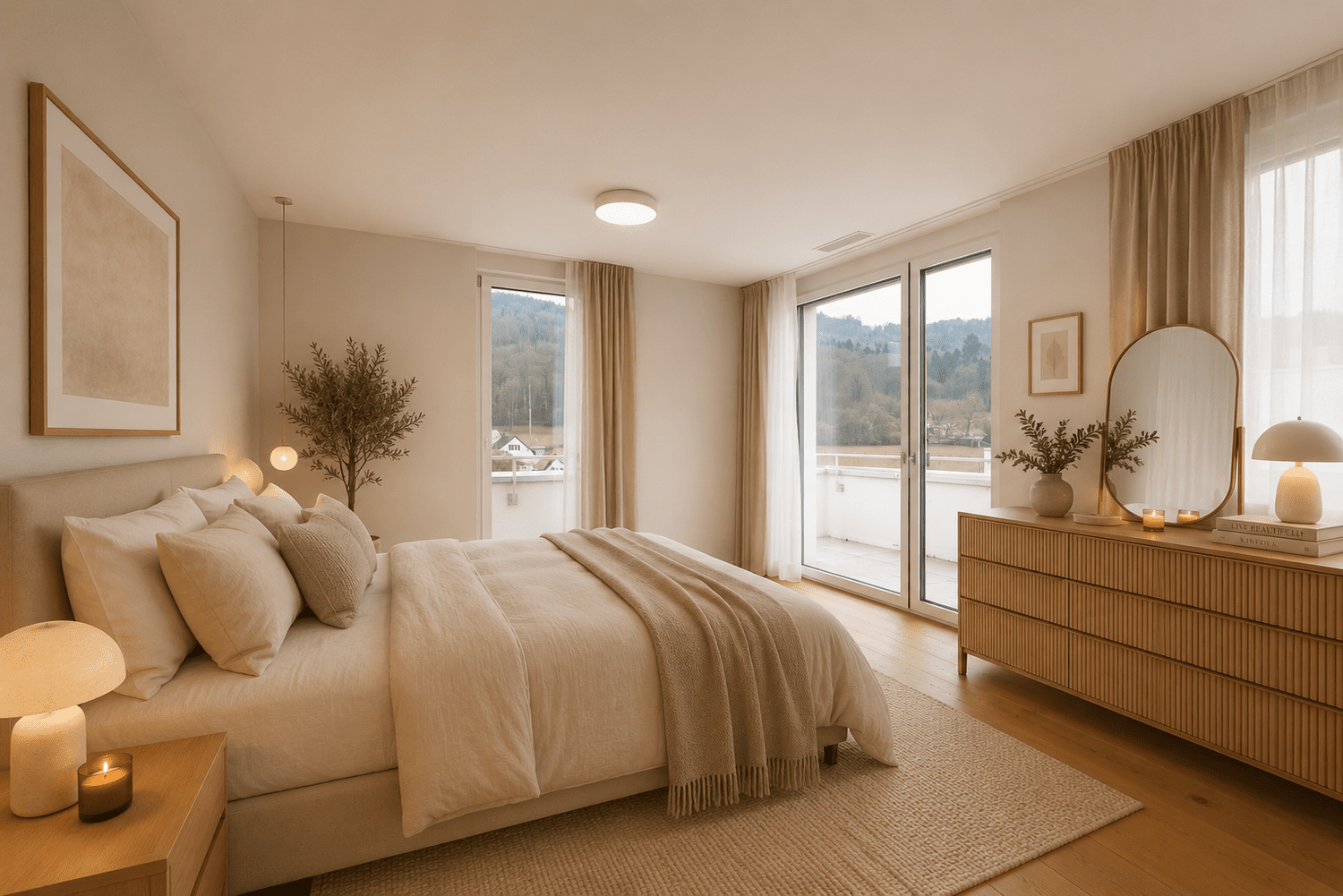 Helles Schlafzimmer mit Balkonblick