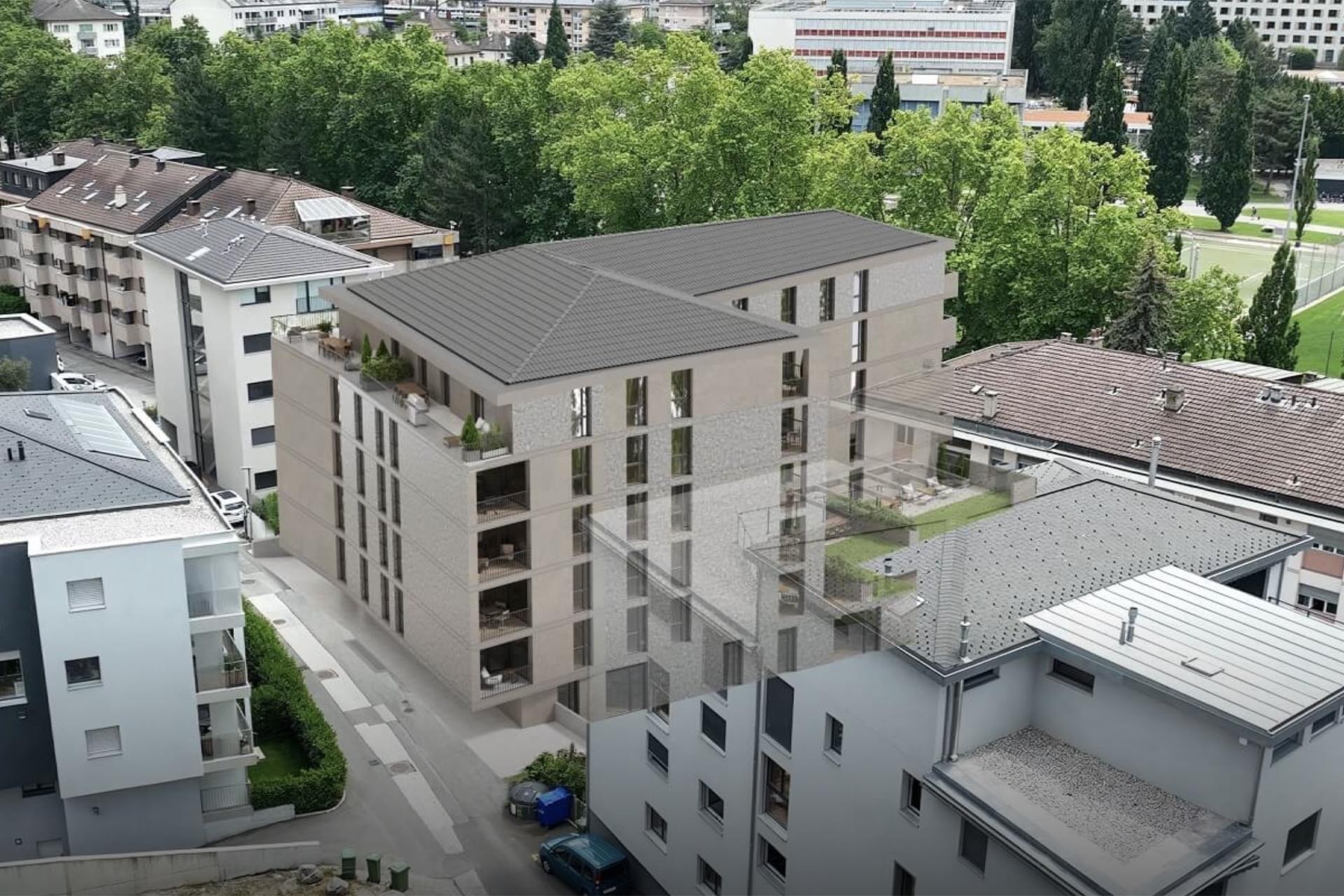 Städtische Wohnanlage mit Blick ins Grüne
