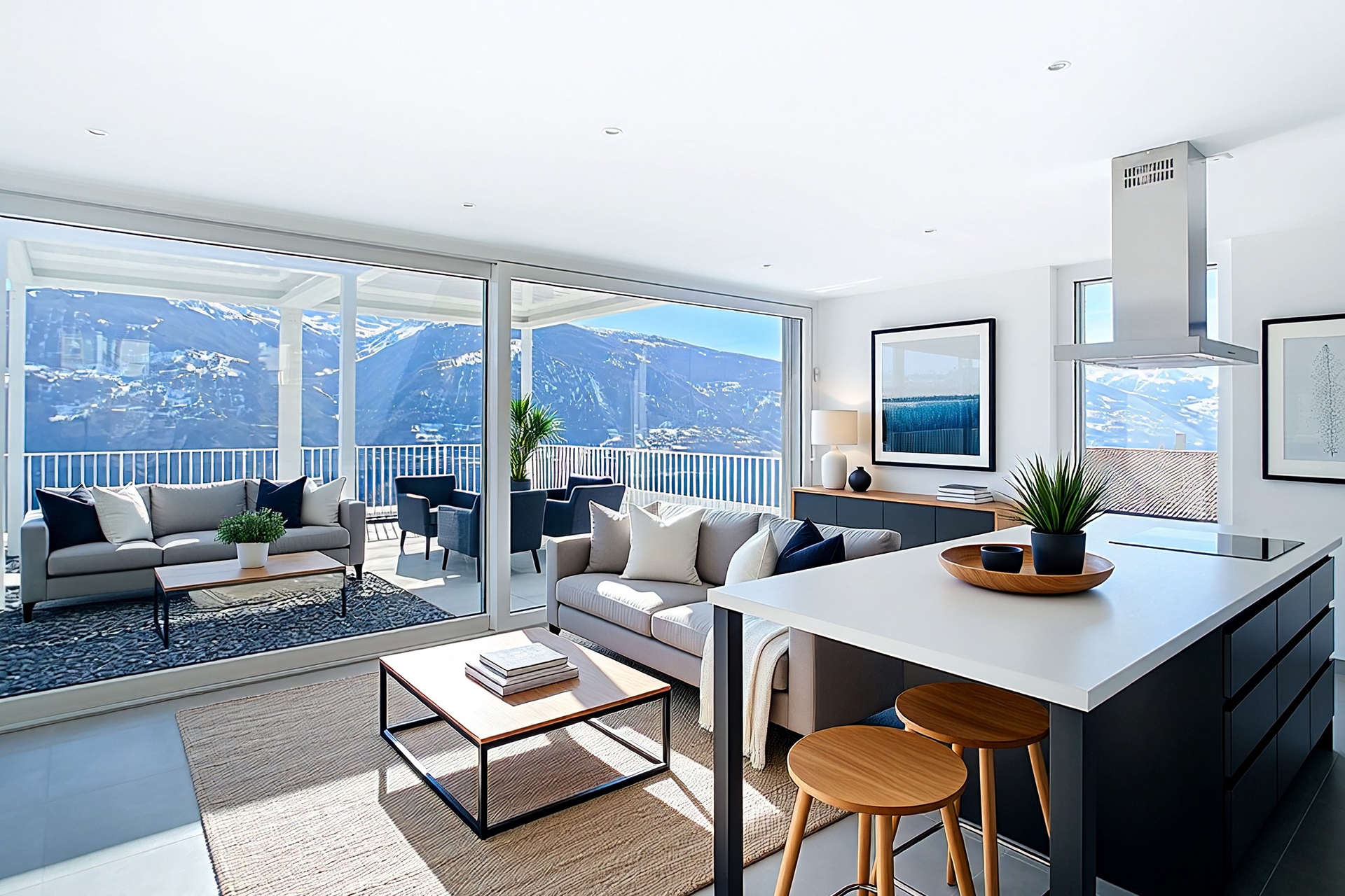 Moderne Wohnküche mit Alpenblick