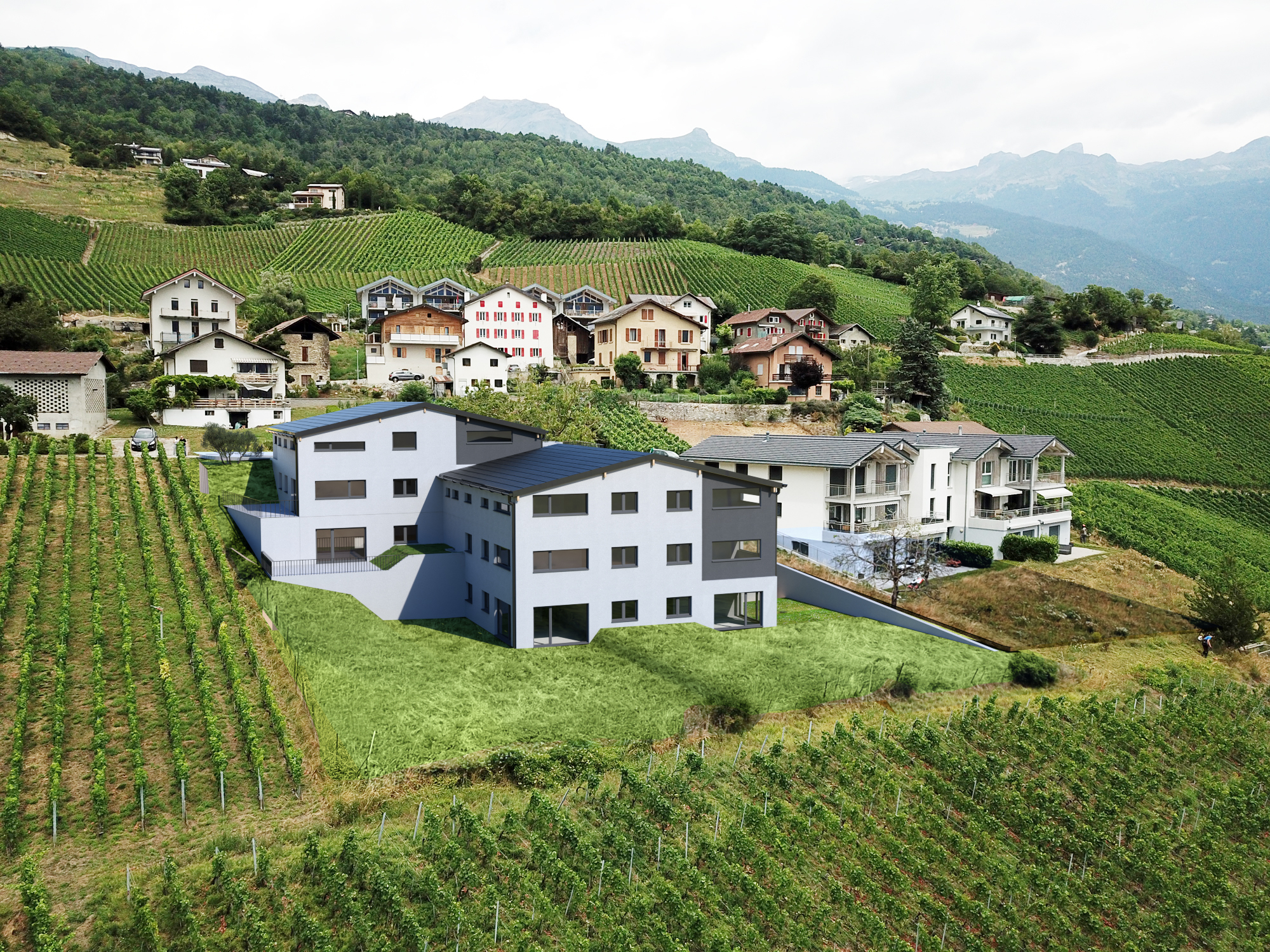 Luftaufnahme eines Neubaus in Weinbergen