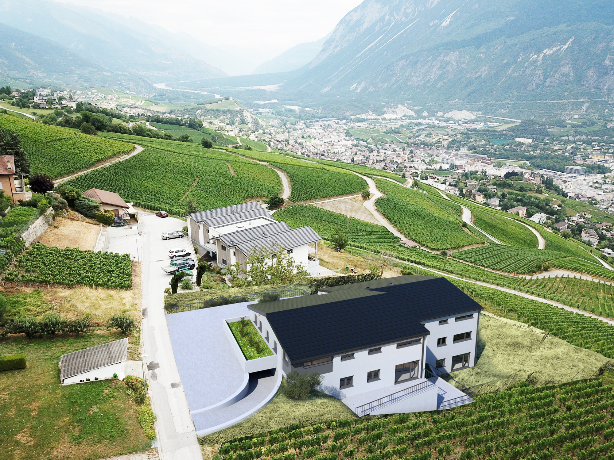 Luftaufnahme eines modernen Hauses in Weinberglandschaft