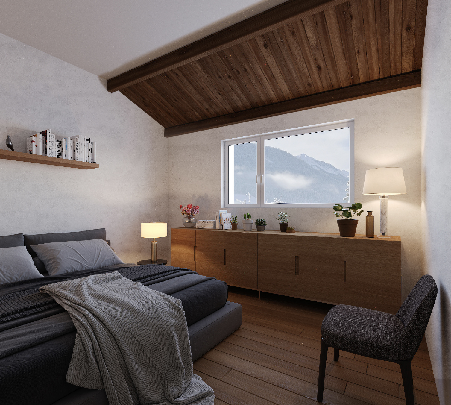 Gemütliches Schlafzimmer mit Bergblick
