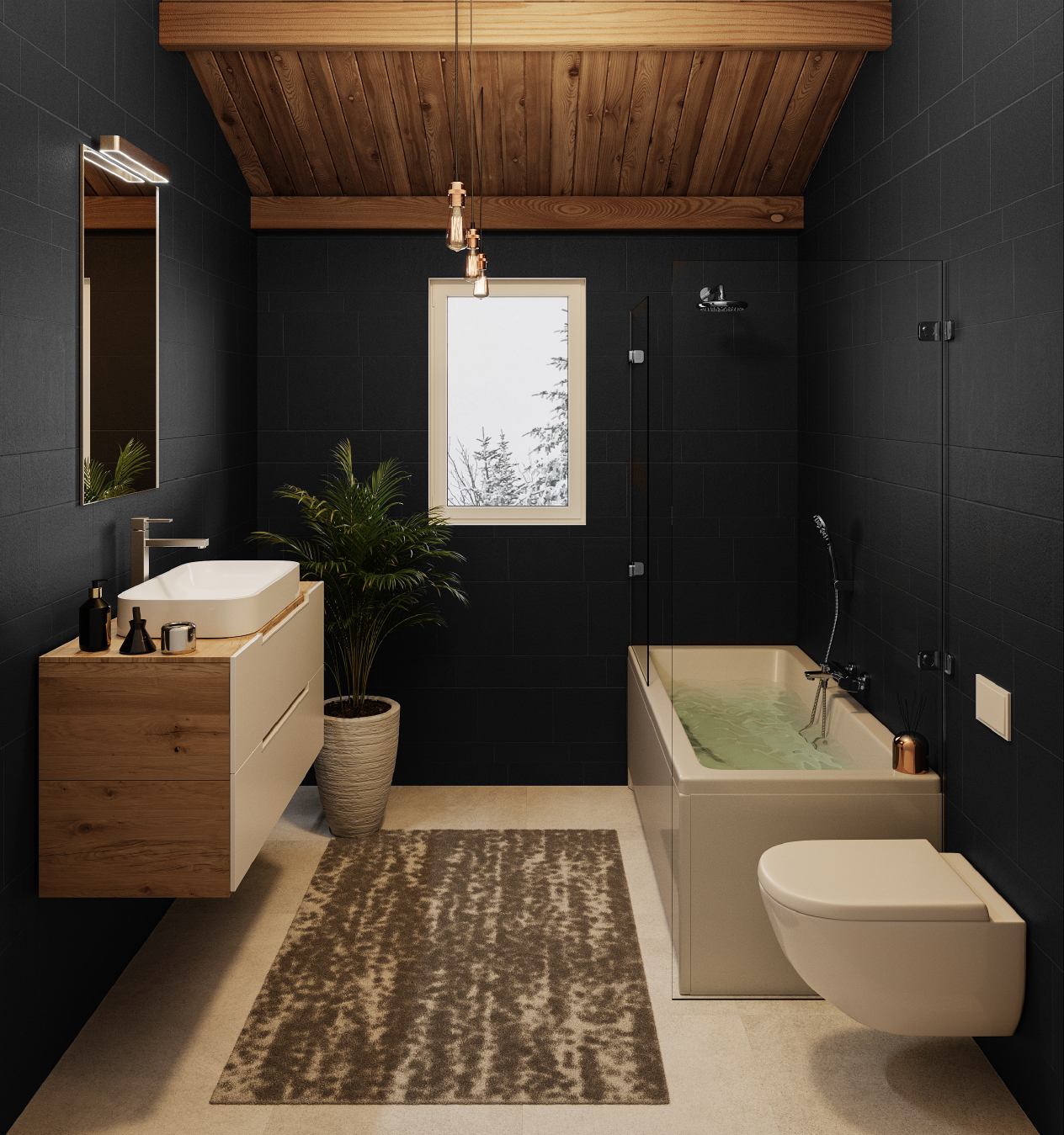 Modernes Badezimmer mit dunklen Wänden und Holzdecke