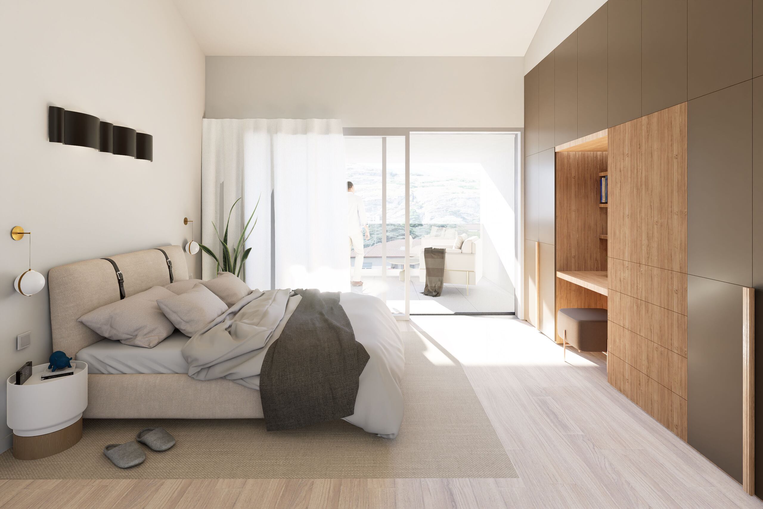 Helles modernes Schlafzimmer mit Balkonzugang