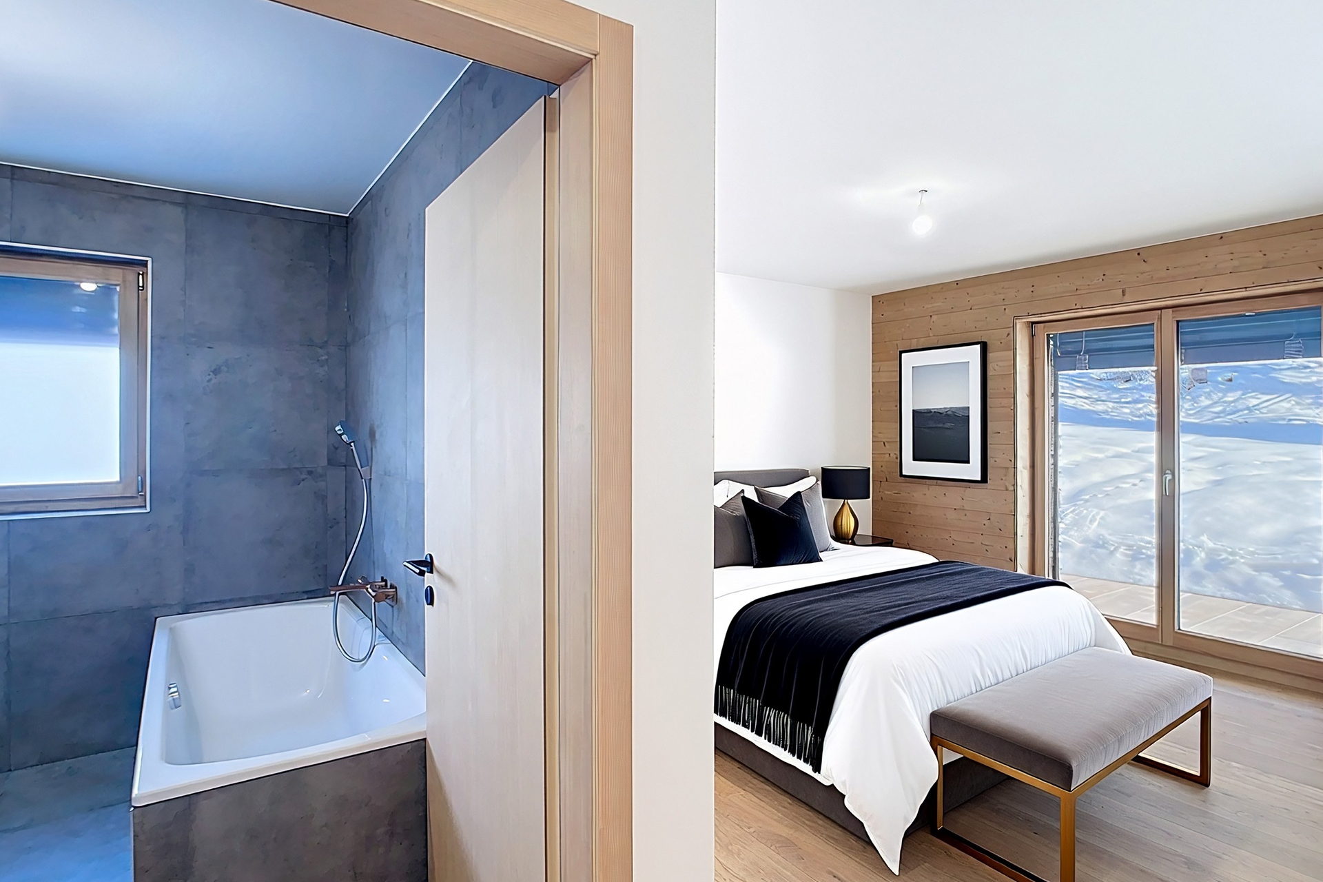 Schlafzimmer mit angrenzendem Bad