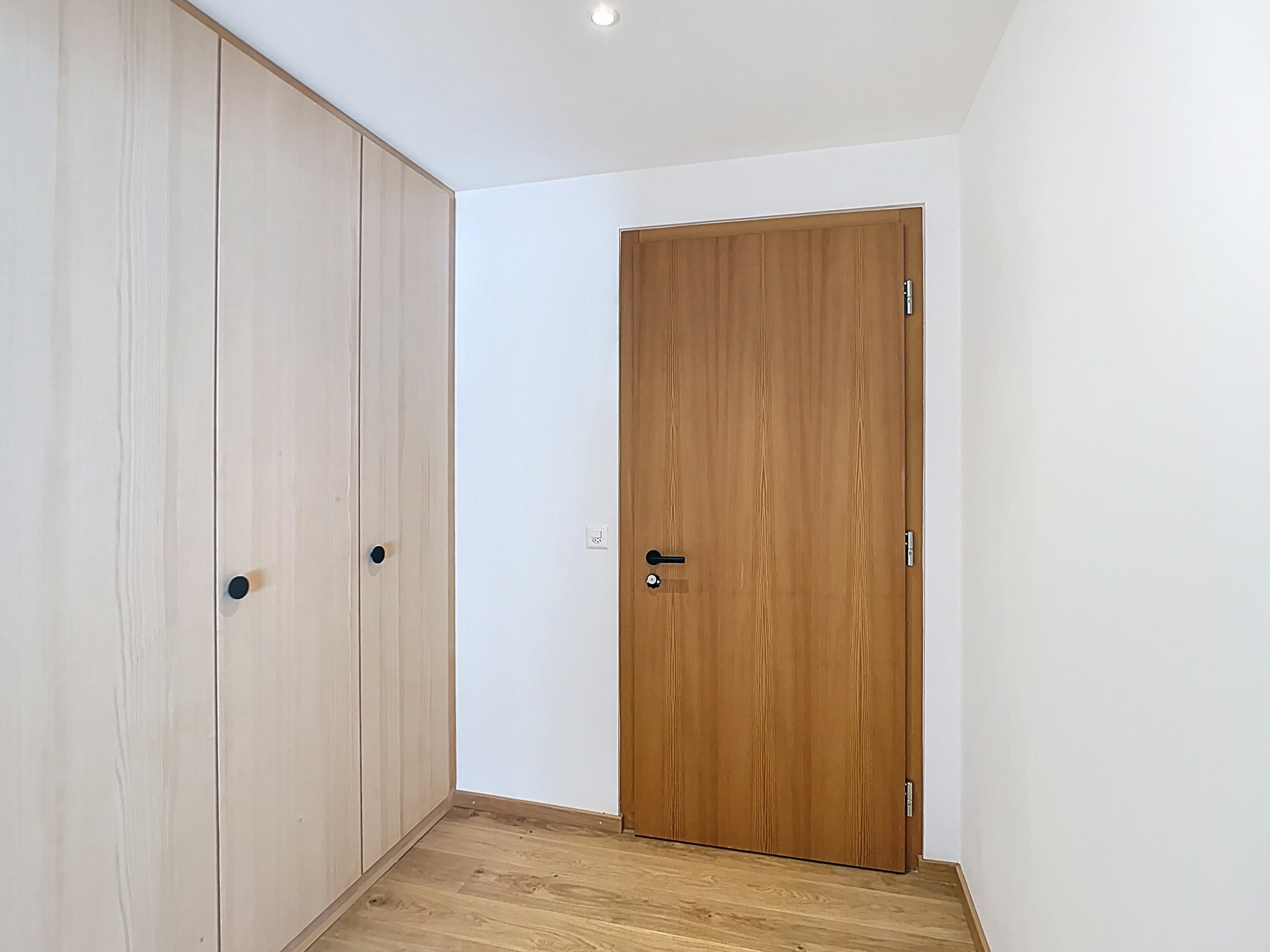 Heller Flur mit Einbauschrank und Holztür