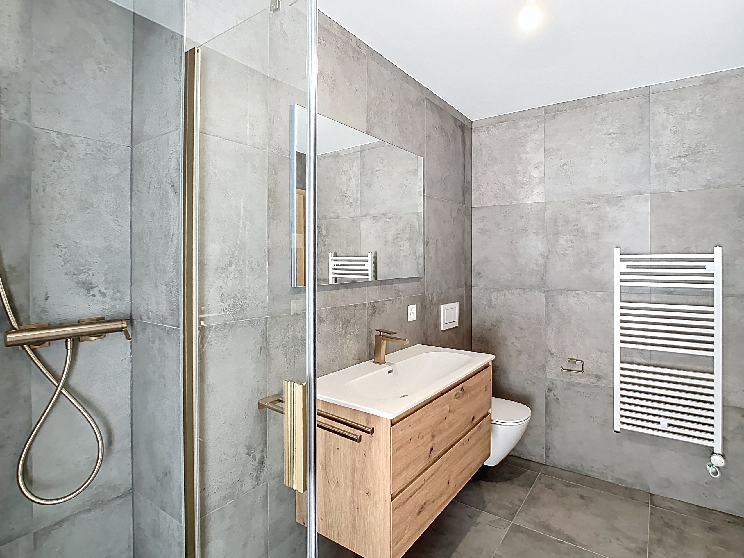 Modernes Badezimmer mit Walk-in-Dusche und Waschtisch