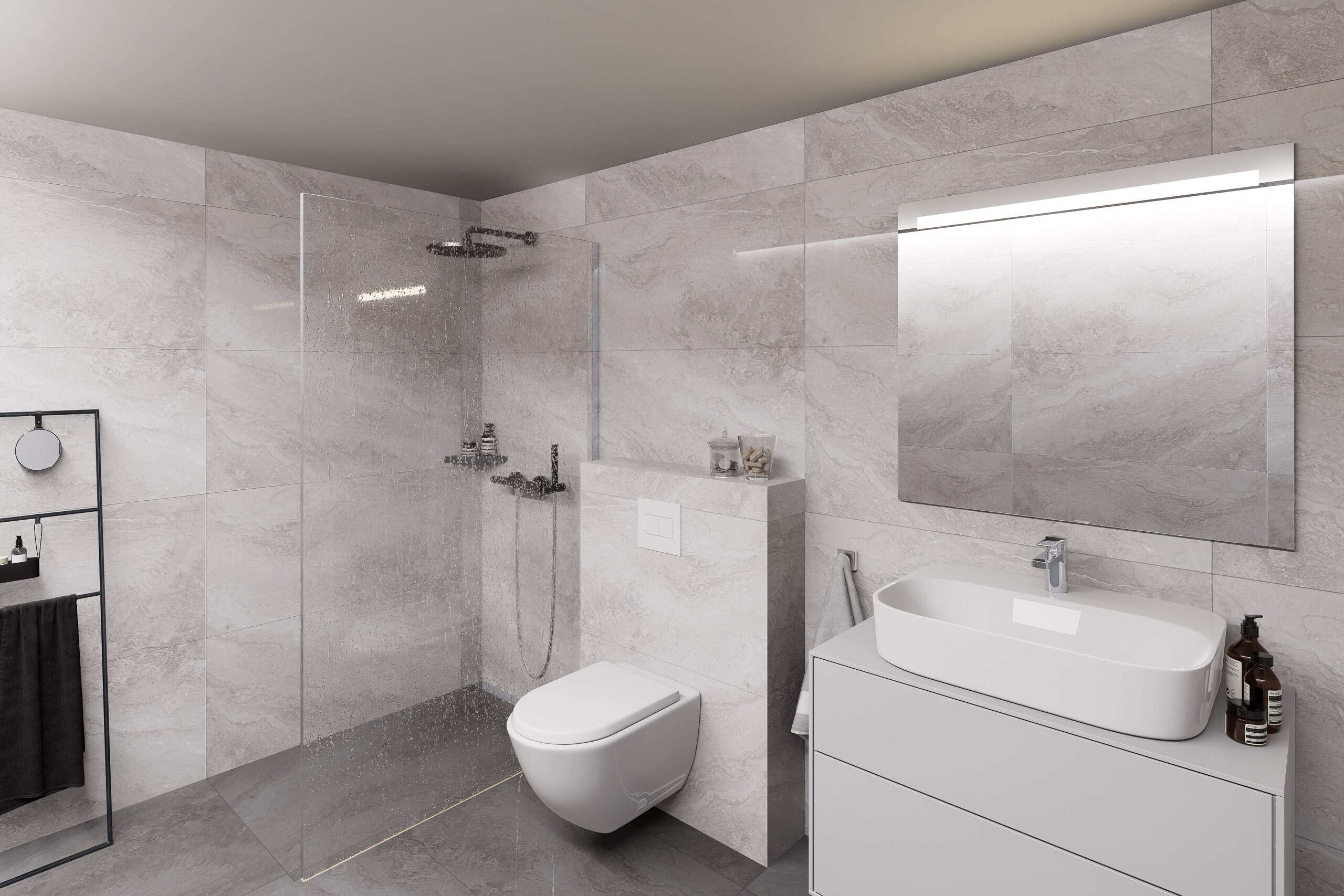 Modernes Badezimmer mit bodengleicher Dusche und Waschtisch