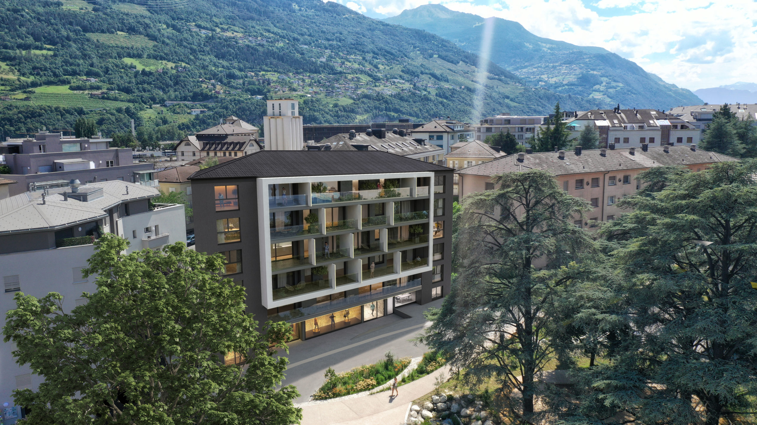 Moderne Wohnanlage mit Bergblick
