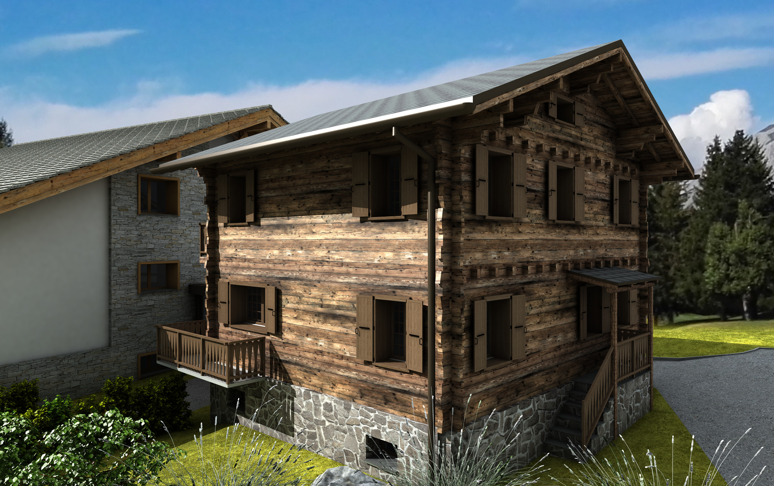 Traditionelles Holzchalet mit Natursteinsockel