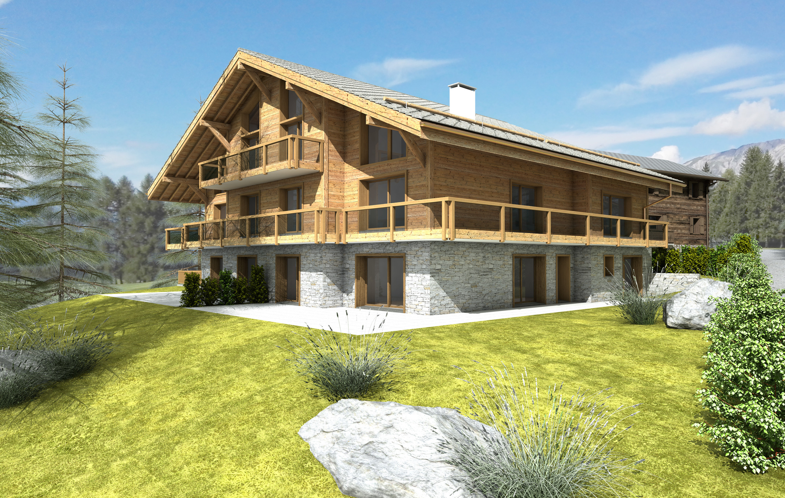 Alpines Holzhaus mit Balkon und Bergkulisse
