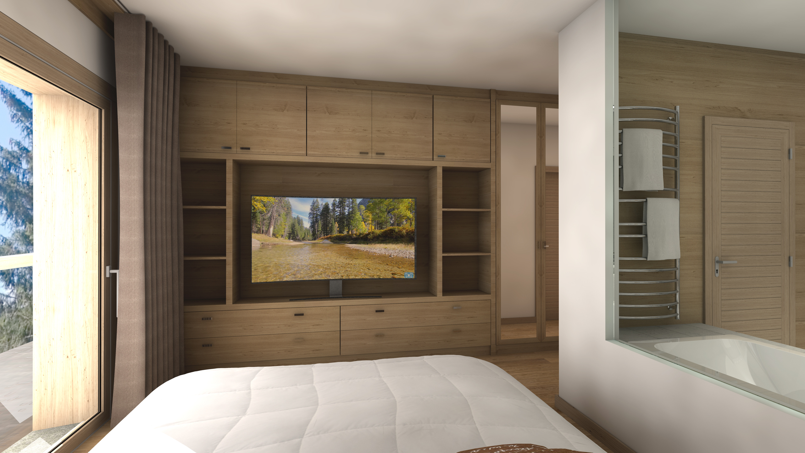 Modernes Schlafzimmer mit Holzvertäfelung
