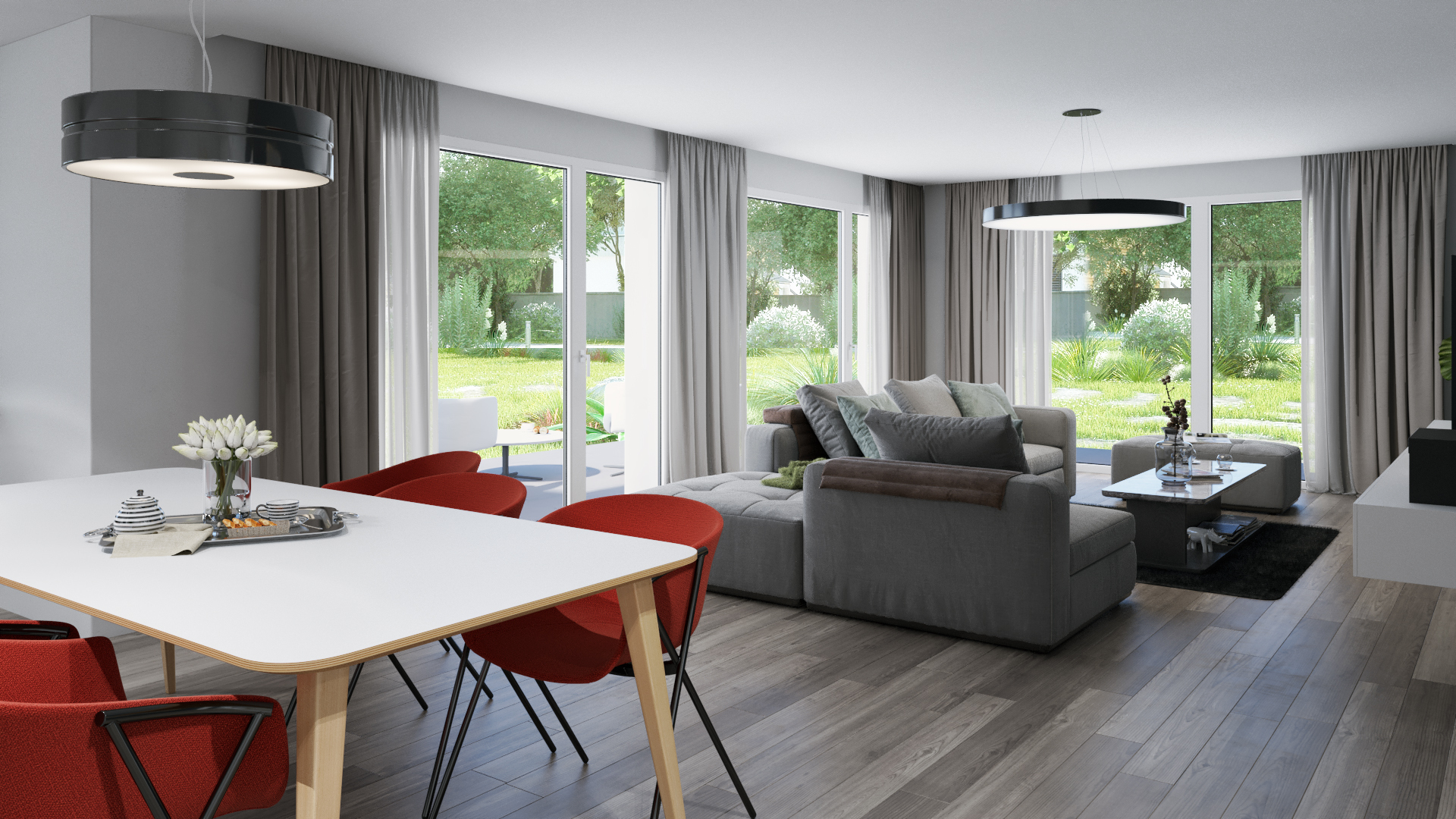 Offener Wohn- und Essbereich mit Gartenblick