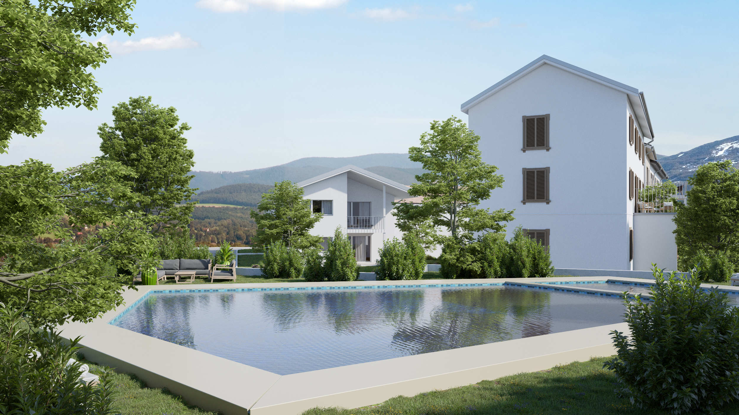 Außenansicht eines Wohnhauses mit Pool und Bergblick