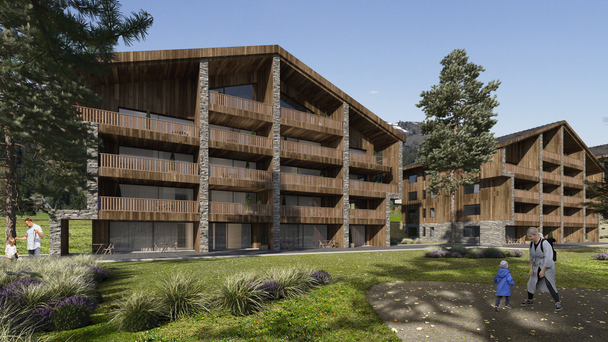 Alpines Wohngebäude mit Holzbalkonen