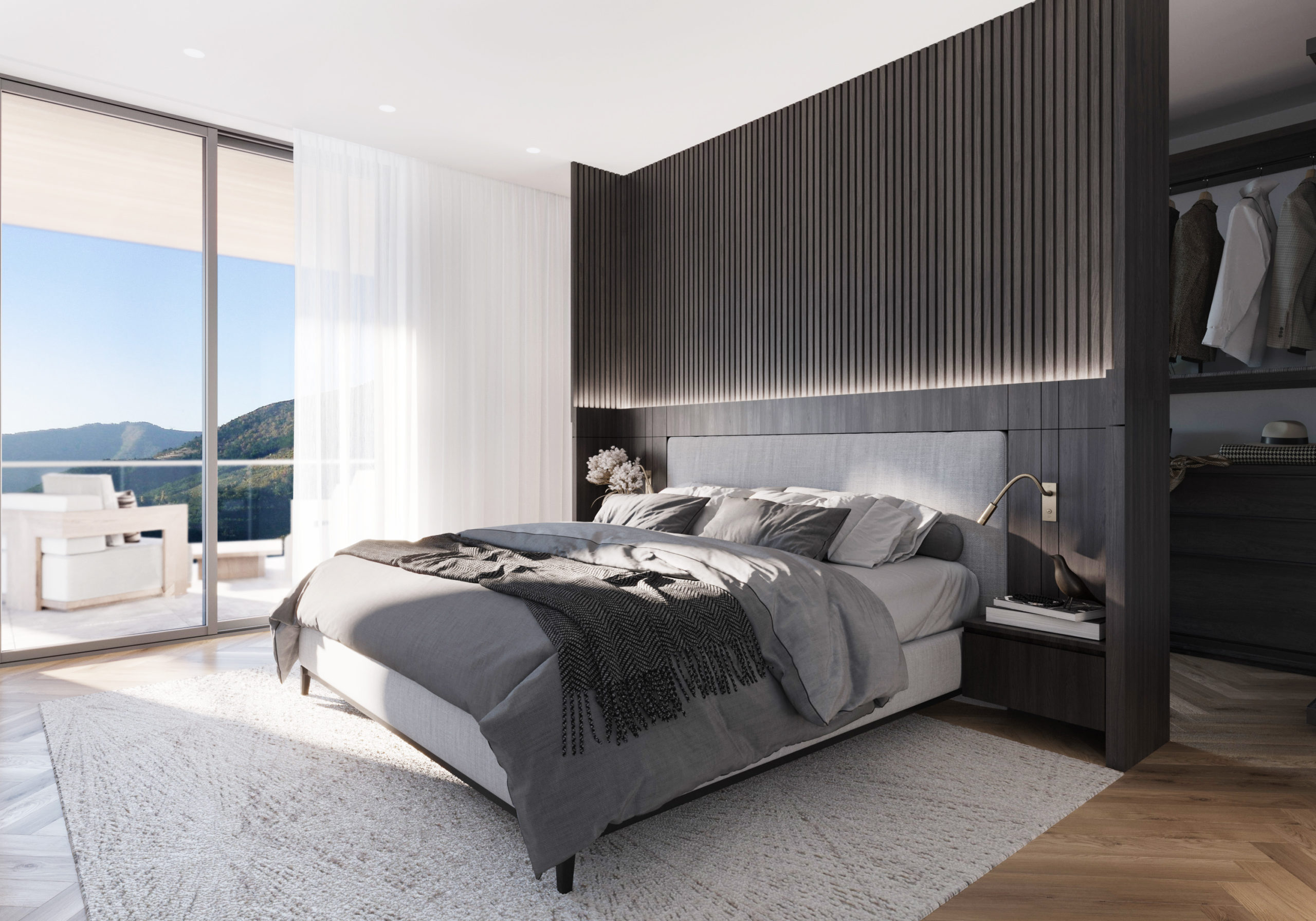 Modernes Schlafzimmer mit Balkonblick