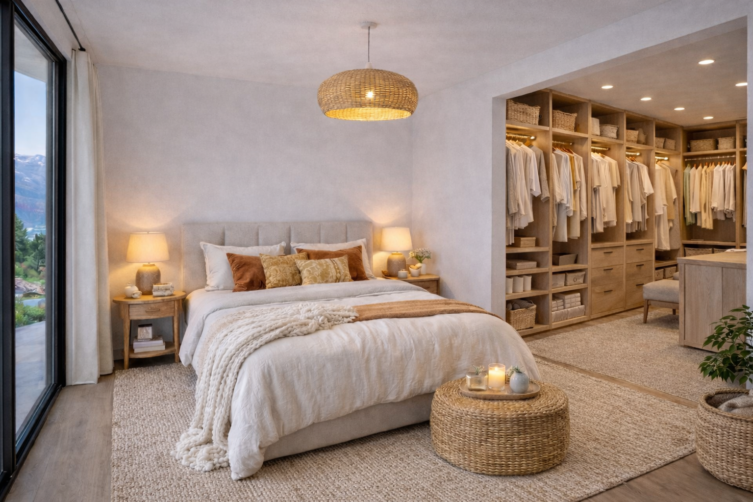 Helles Schlafzimmer mit begehbarem Ankleidebereich