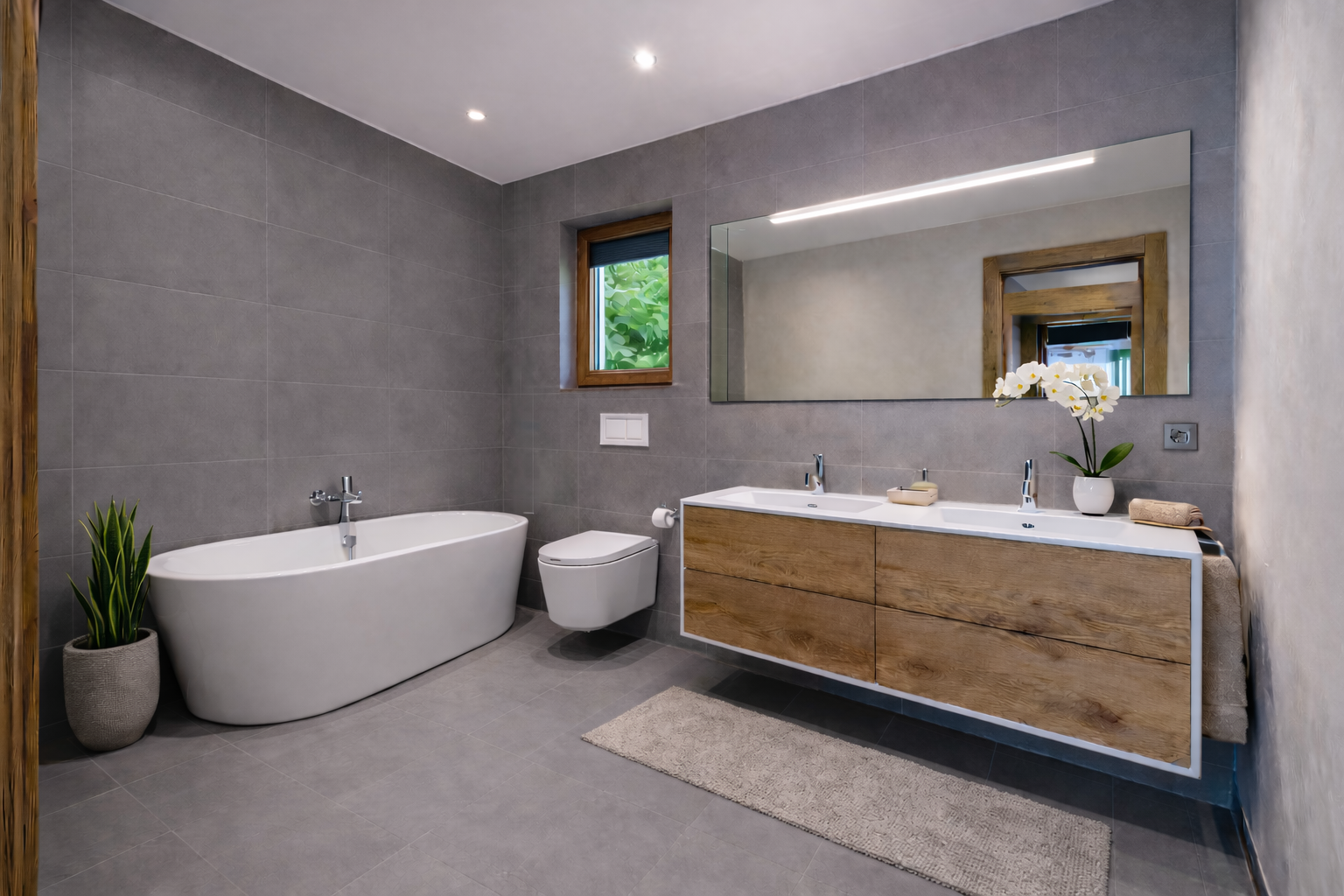 Modernes Badezimmer mit Badewanne und Doppelwaschtisch