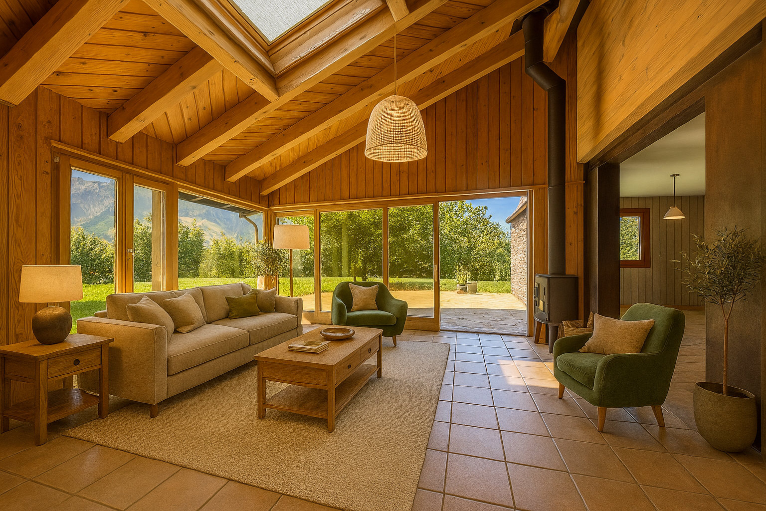 Gemütliches Wohnzimmmer mit Holzdecke und Blick ins Grüne