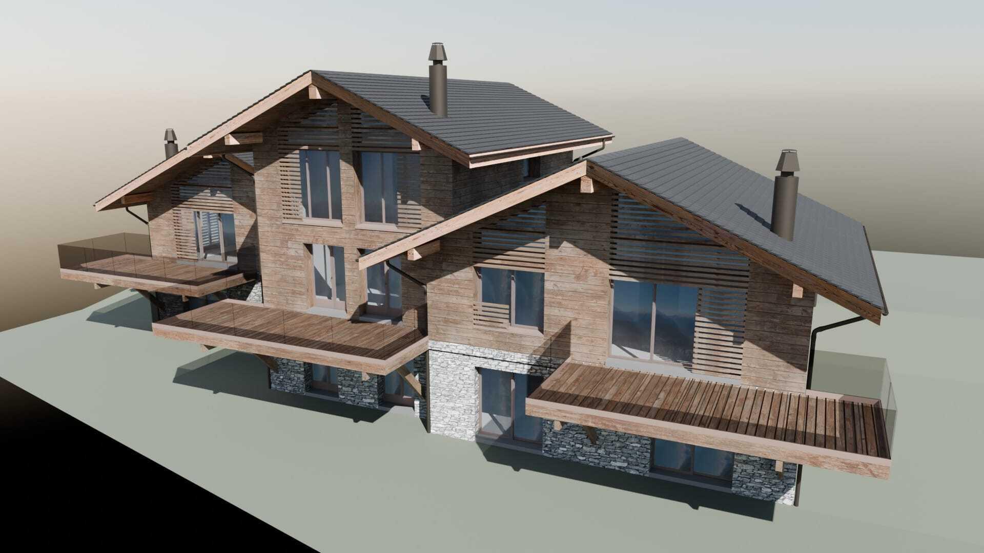 3D-Visualisierung eines Holzchalets mit Balkonen