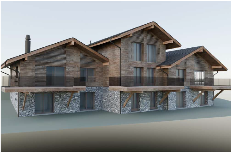 Alpines Holzhaus mit mehreren Giebeln