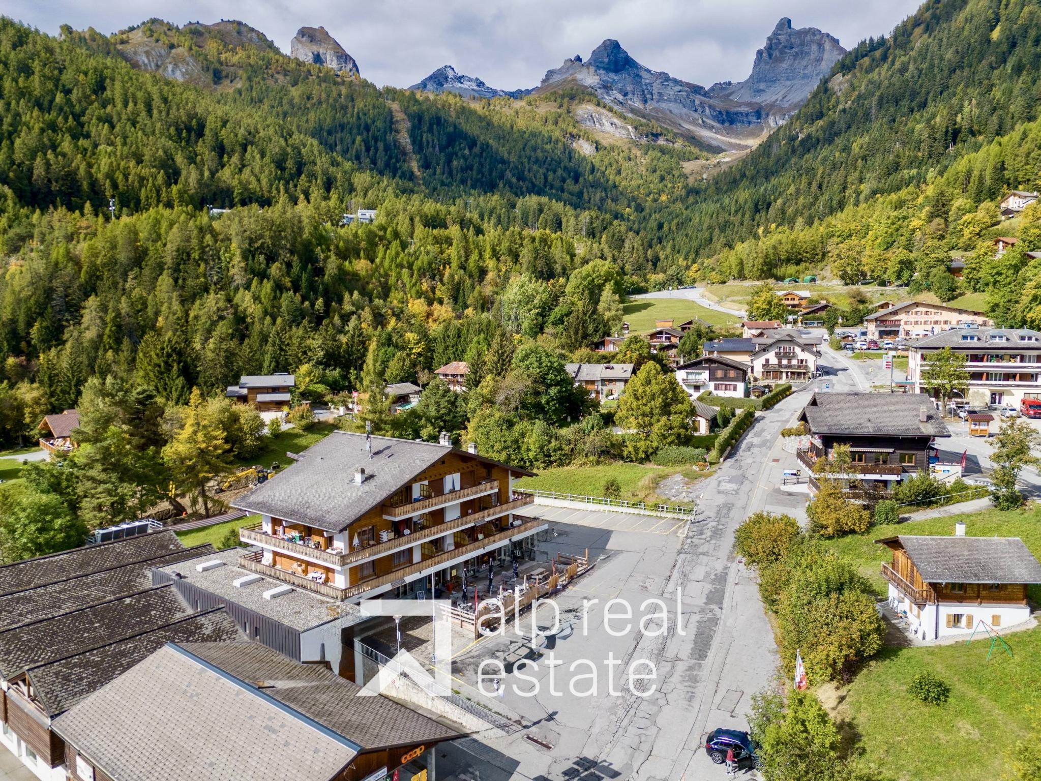 Luftaufnahme eines alpinen Dorfes mit Bergpanorama