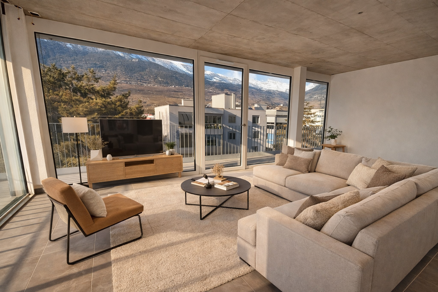 Heller Wohnraum mit Panoramafenstern und Bergblick
