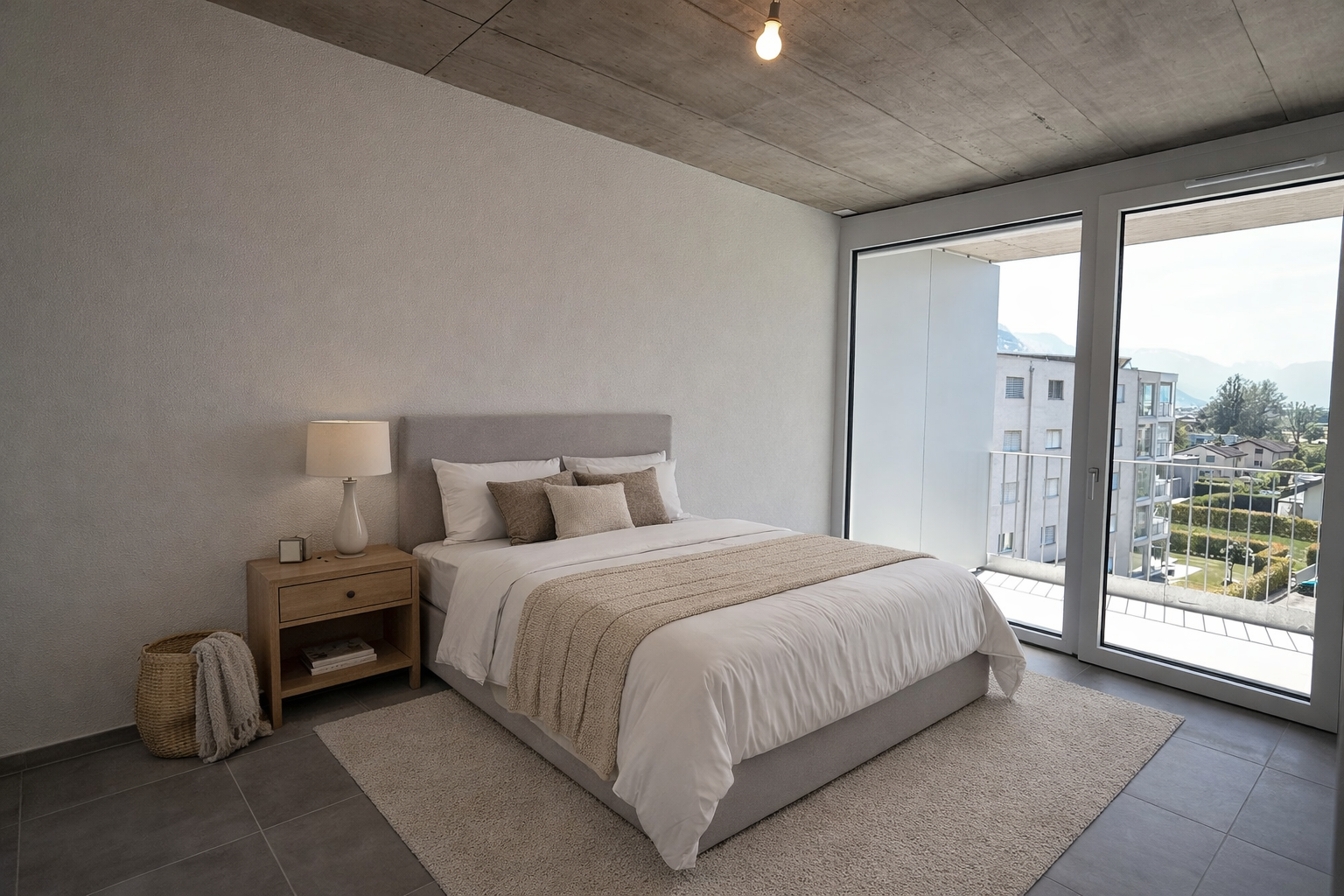 Modernes Schlafzimmer mit Balkonblick