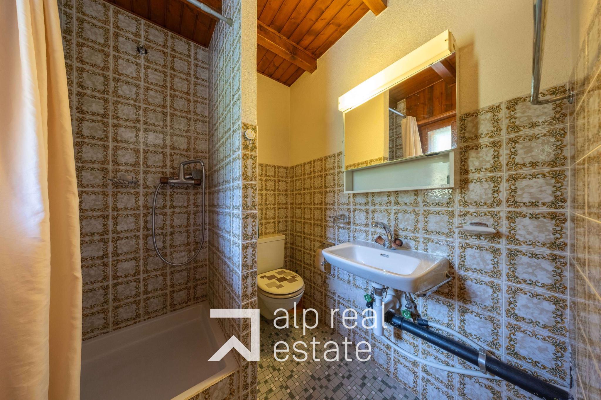 Badezimmer mit Dusche und Waschbecken