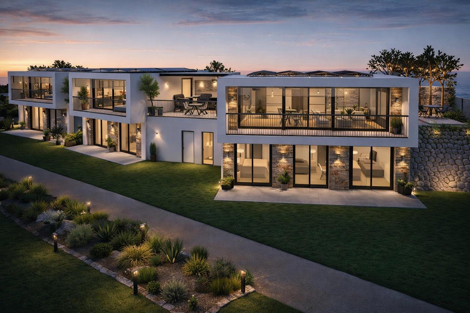 Moderne Villa am Meer bei Sonnenuntergang