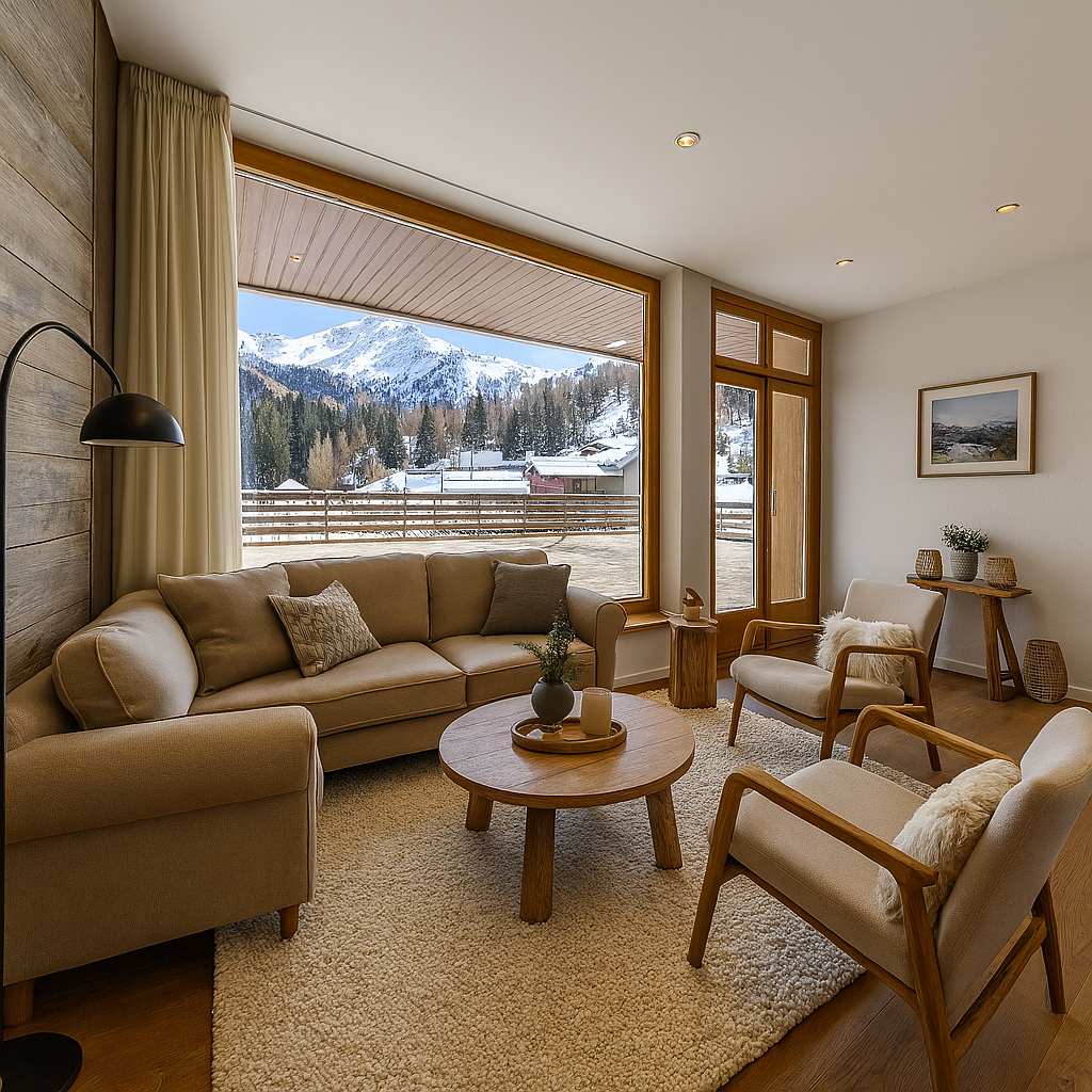 Gemütliches Alpen-Wohnzimmer mit Panoramafenster
